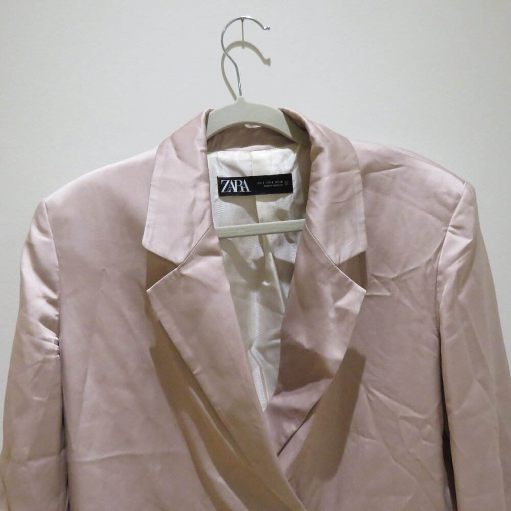 ZARA Long Buttoned Collared Satin Blazer in Blush Pink Pastel Preppy - Size S - Picture 5 of 14